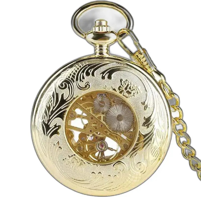 Relógio de bolso luxuoso em opala dourada com design dourado e ornamentado