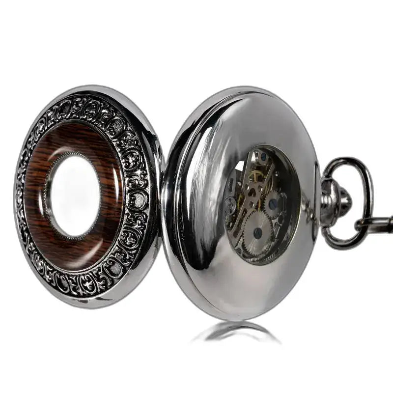 Relógio de bolso mecânico masculino de luxo Wood Prestige com mecanismo de metal visível