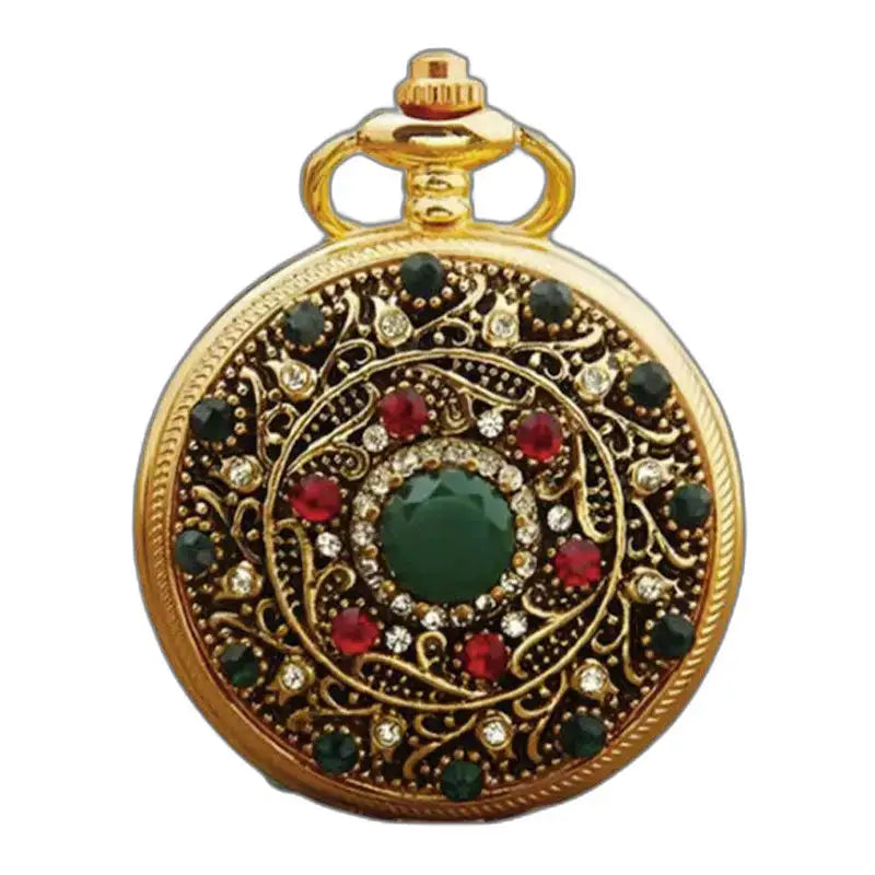Relógio de bolso com colar de ouro e pedras preciosas com design ornamentado