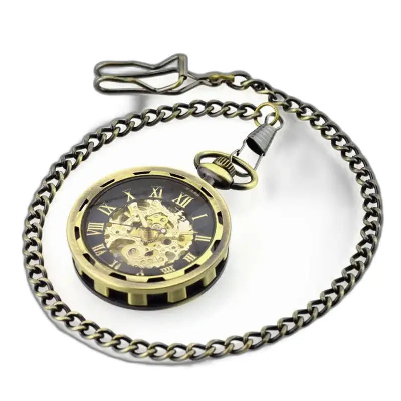 Relógio de bolso esqueleto de luxo para homens e mulheres com corrente de bronze e design elegante