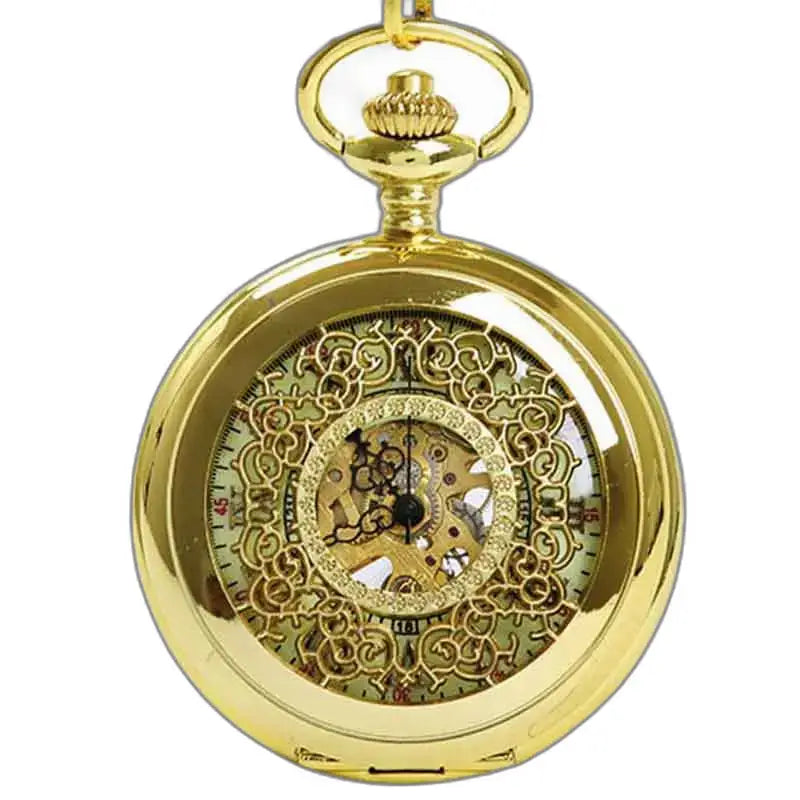 Relógio de bolso Steampunk em ouro, mecânica visível, pepita de ouro verdadeira