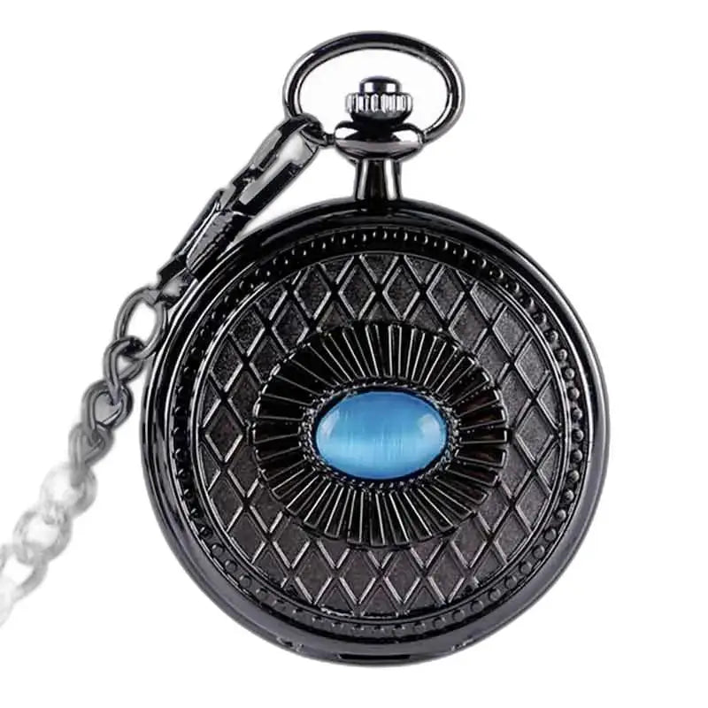 Relógio de bolso mecânico steampunk com safira azul e elegante caixa preta
