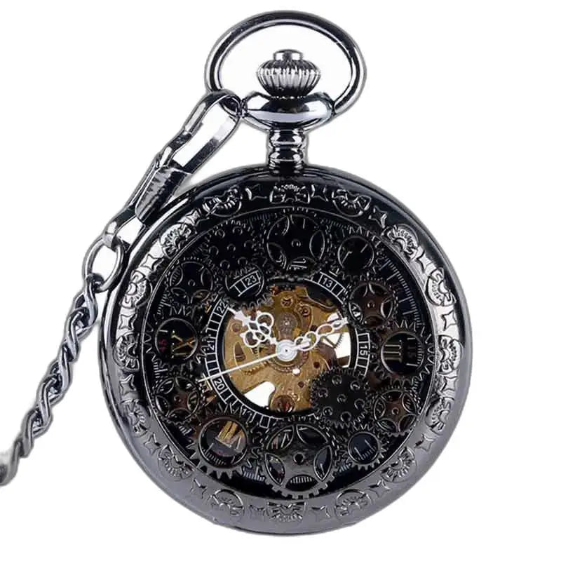 Relógio de bolso Steampunk com mecanismo visível e elegante corrente preta