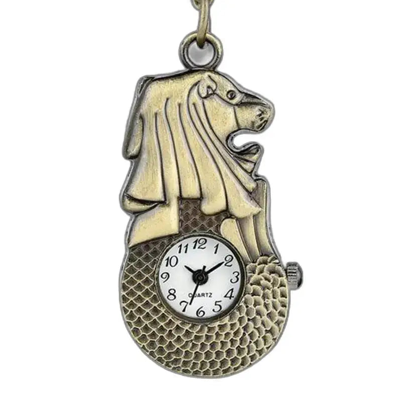 Relógio vintage leão com pulseira de corrente de bronze em formato de Merlion