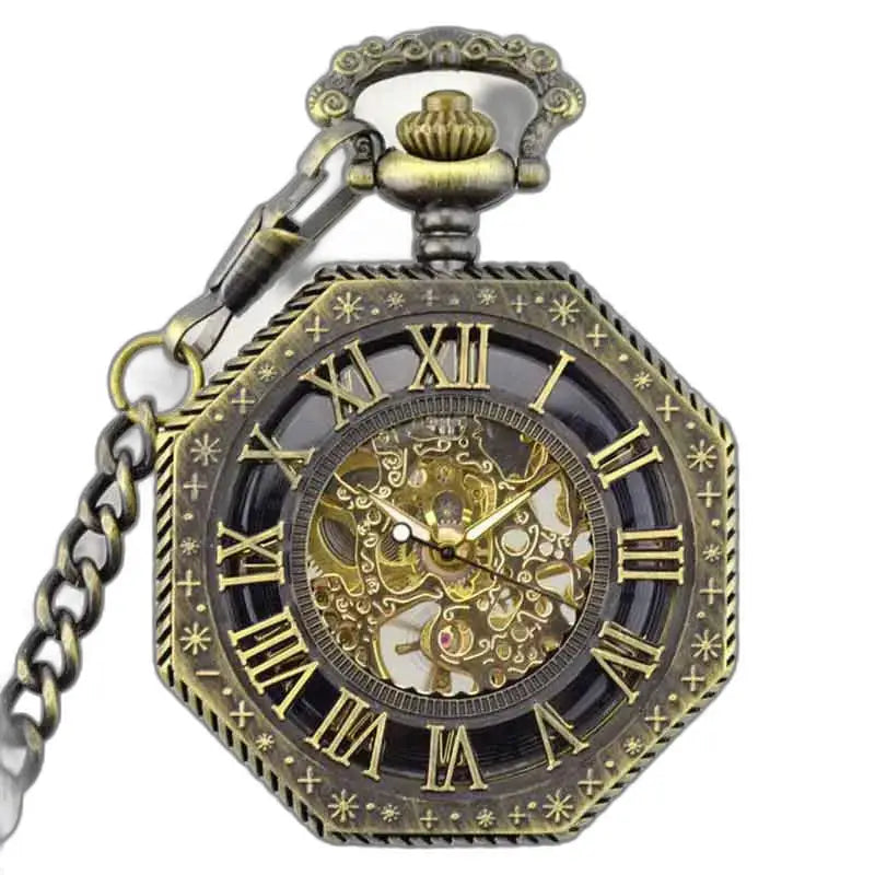 Relógio de bolso steampunk masculino em bronze com mecanismo de corrente e esqueleto