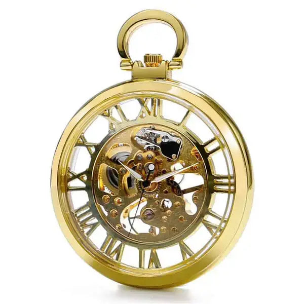 Relógio bolso esqueleto pirita aço dourado movimento mecânico
