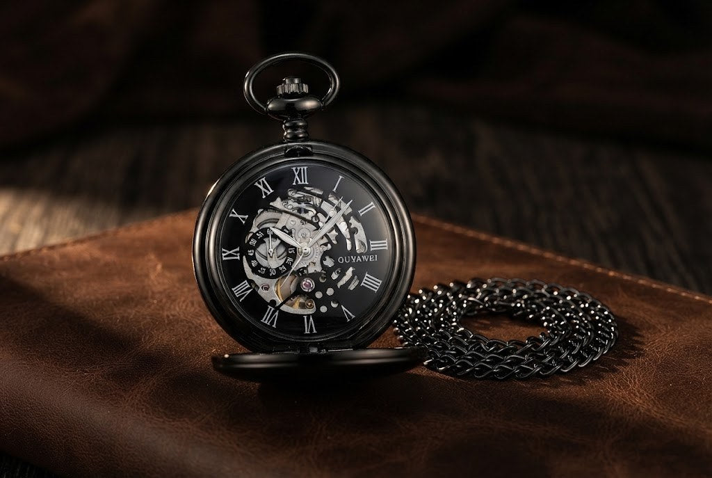 Montre à Gousset Mécanique Chiffres Romains - Squelette argenté sur fond noir