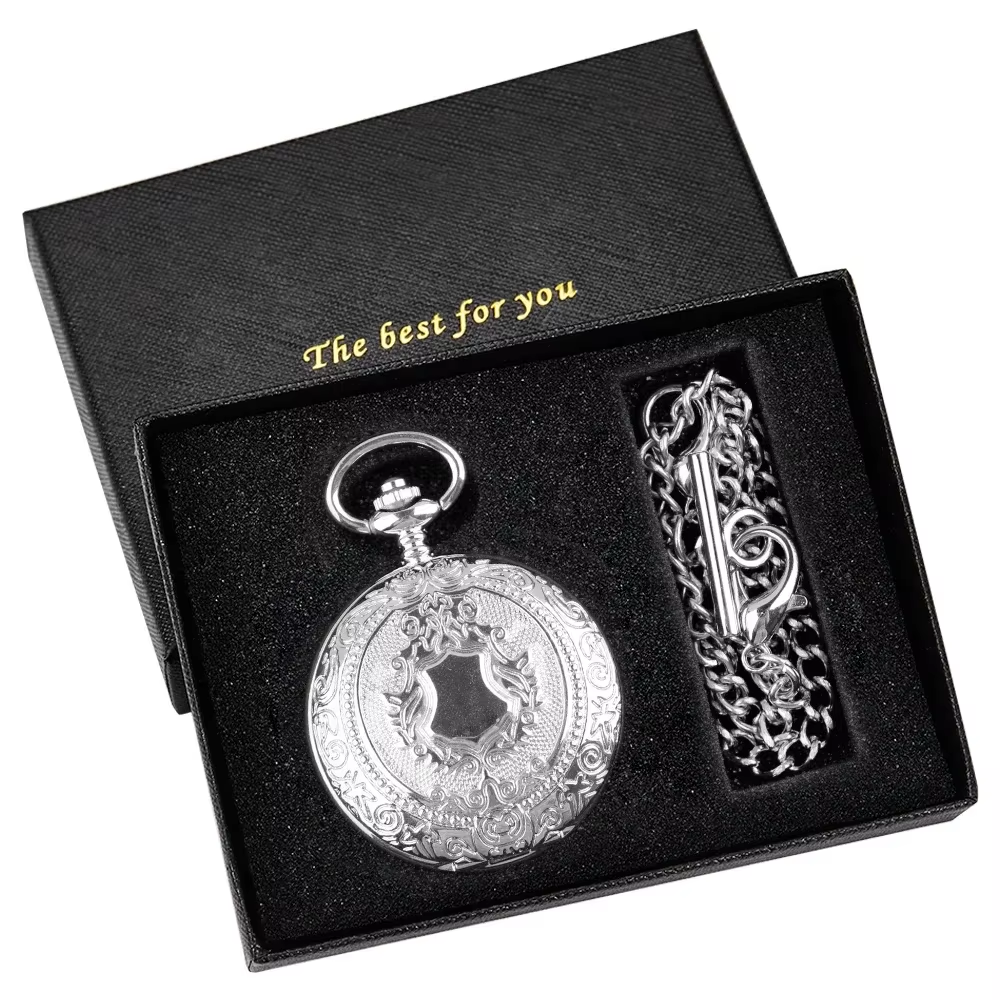 Relógio de bolso automático masculino gravado - apresentado com sua corrente em sua caixa de presente preta "The Best For You"