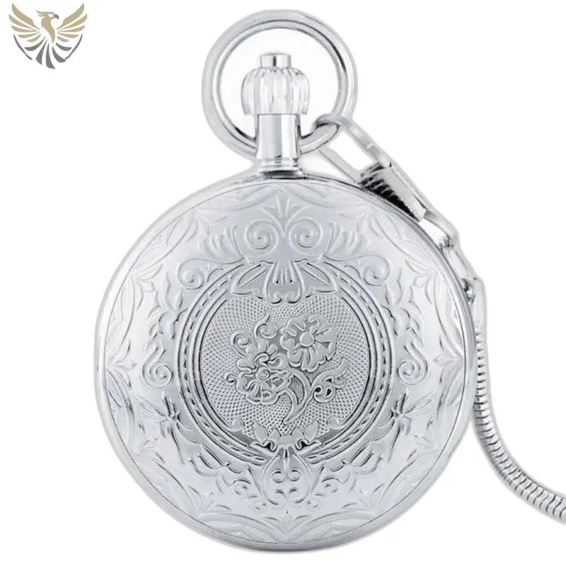 Relógio de bolso automático masculino gravado - capa com motivo floral gravado e corrente de bolso