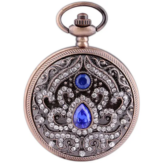 Elegante relógio de bolso com colar de pedra azul