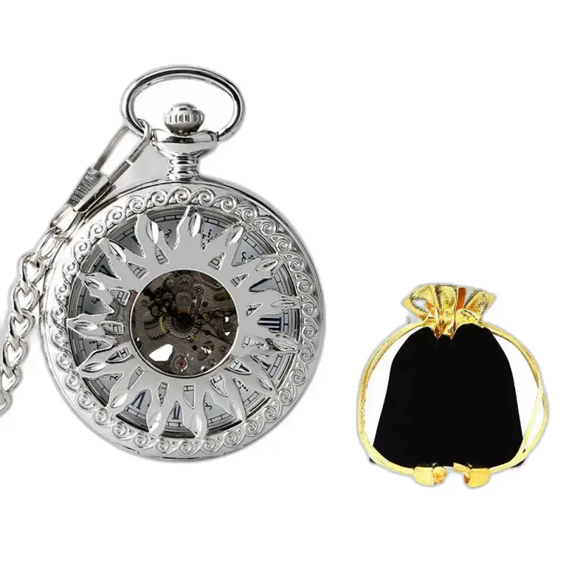 Montre à gousset mécanique Dark Sun avec poche en cuir, élégante et raffinée