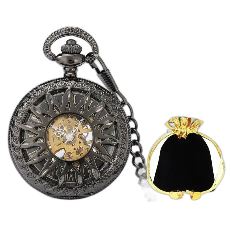 Montre à gousset mécanique Dark Sun homme femme avec pochette en cuir noir