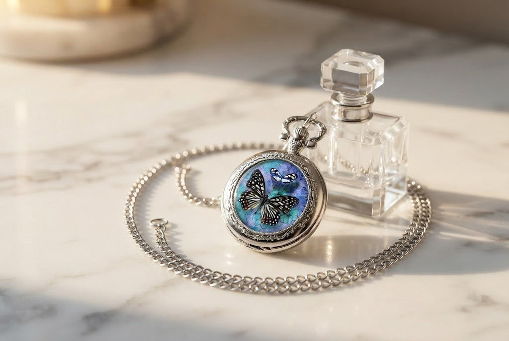 Montre Gousset Collier Quartz Papillons Femme - Émail bleu, acier ouvragé