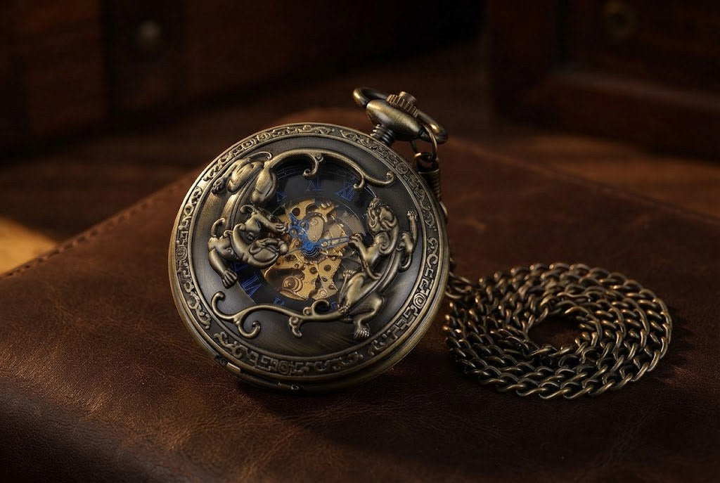 Montre à Gousset Mécanique Chasseur Gravée - Bronze gravé, cadran noir et bleu